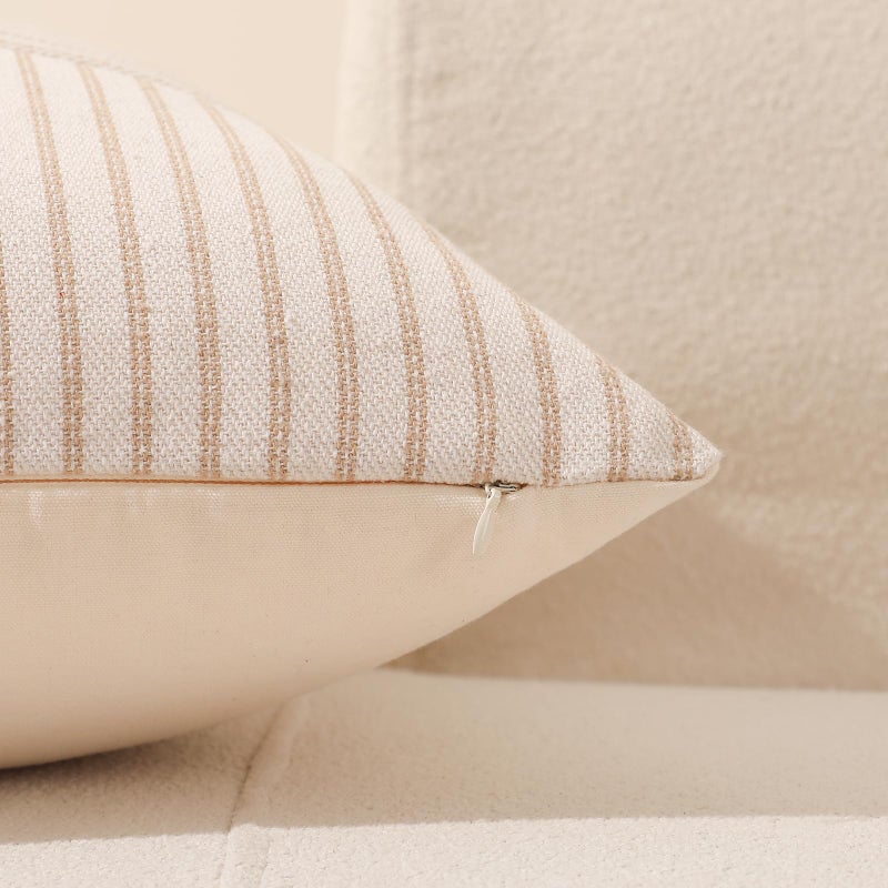 Hckot Khaki and Beige Patchwork Farmhouse Throw Pillow Covers 20 x 20 Inch  Pack of 2 Striped Linen Decorative Pillow Case for Sofa Couch Chair Bedroom Modern Decor (20"" x 20""  Khaki) - Image 4
